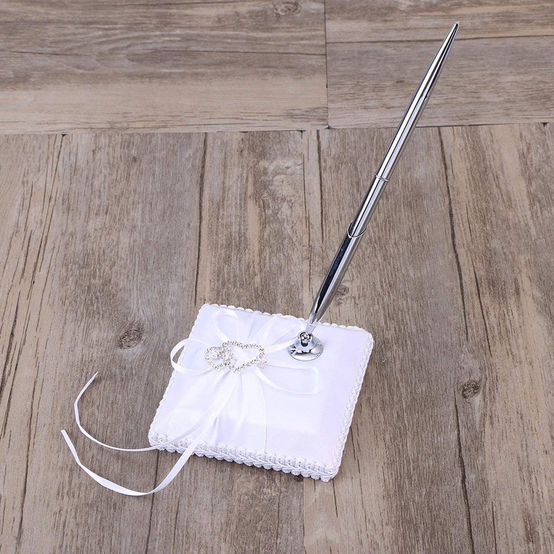 FRECI Wedding Guest Book and Pen Set Double Heart Rhinestone Decor Signature Book with Pen for Wedding Party Decorations - White - Image 4